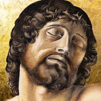 Cristo morto sorretto da due angeli, Bellini - particolare tecnica mista su foglia oro